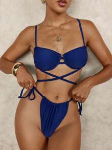 Summer Underwire Cup Removable Push Up Bra-Size Swimwear - Red - View 6