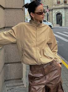 DAZY 女士纯色宽松长袖拉链休闲度假夏季夹克、秋装 - 卡其色 - 查看 5