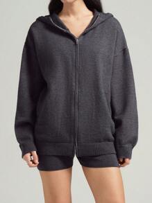 LYSMO Conjunto de Mujer de Chaqueta con Capucha de Manga Dolman con Cierre Delantero y Shorts de Punto de unicolor