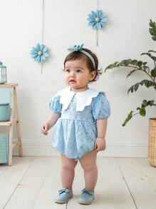 Infant Girls' Comfy Princess Style Ruffled Embroidered Cat Paw Jacquard Bodysuit, Cute & Sweet, Suitable For Home And Outing, Spring/Summer - Baby Blue - View 1