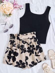 SHEIN Teenager Mädchen Schwarz Tank Top + Khaki Blätter Muster Loose Shorts 2-teiliger Anzug, Urlaubsstil geeignet für den Sommer