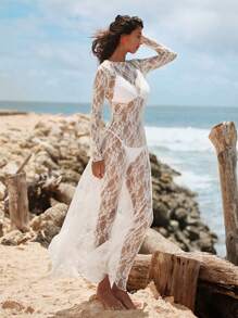 Opulessa 女士纯色针织蕾丝长袖美人鱼连衣裙 - 白色 - 查看 7