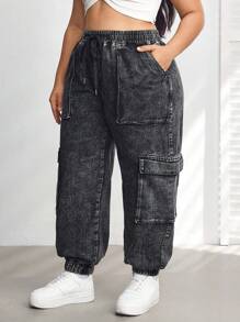 SHEIN CURVE+ Poket Bertali Depan Wanita Saiz Besar Seluar Jeans Kasual Mudah, Pakaian Wanita Musim Gugur - Hitam - Lihat 6