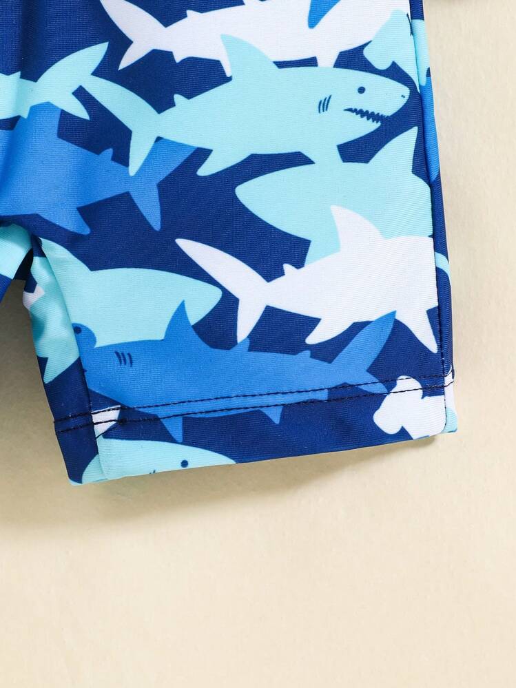 SHEIN Leap Crew Set de 2 piezas Pelele de manga larga y gorro de bebé recién nacido con estampado de tiburón de dibujos animados, de punto suave y cuello alto - Azul - Añade 4