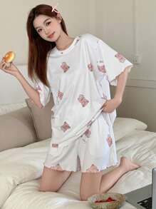 DAZY Women Cute Cartoon Pattern Allover Print Short Sleeve Shorts Pajamas Set