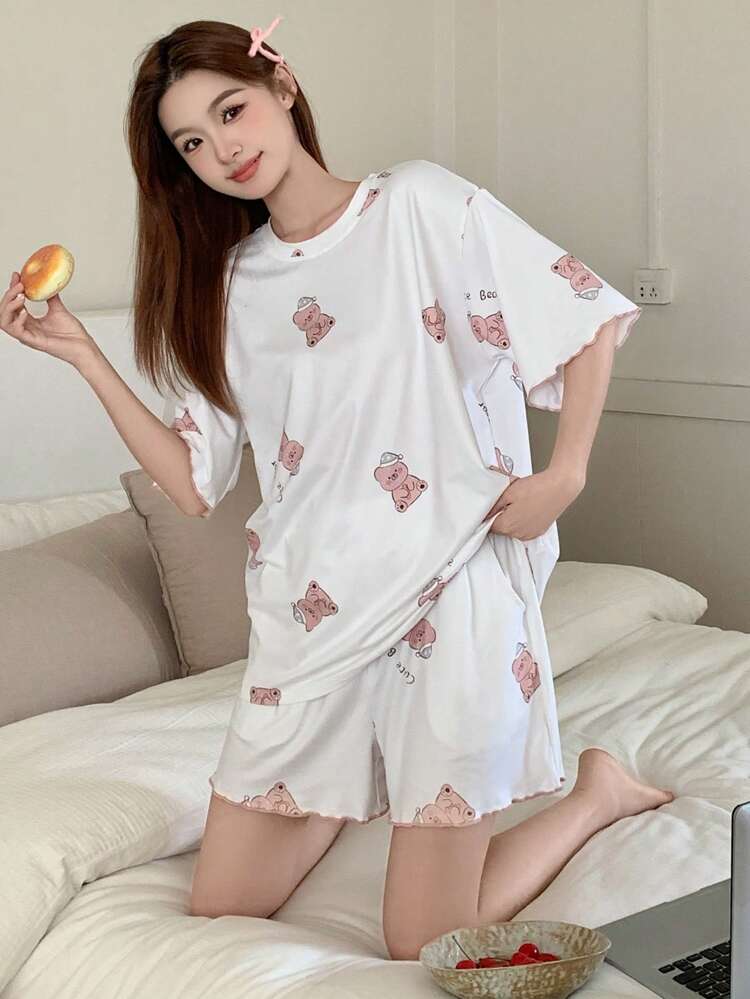 Women Cute Cartoon Pattern Allover Print Short Sleeve Shorts Pajamas Set