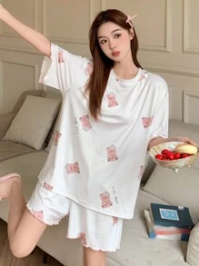 DAZY Women Cute Cartoon Pattern Allover Print Short Sleeve Shorts Pajamas Set