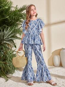 SHEIN Set de 2 piezas para niñas preadolescentes: Blusa superior con cuello redondo con volantes y estampado floral retro y pantalones anchos y holgados, para vacaciones/campo