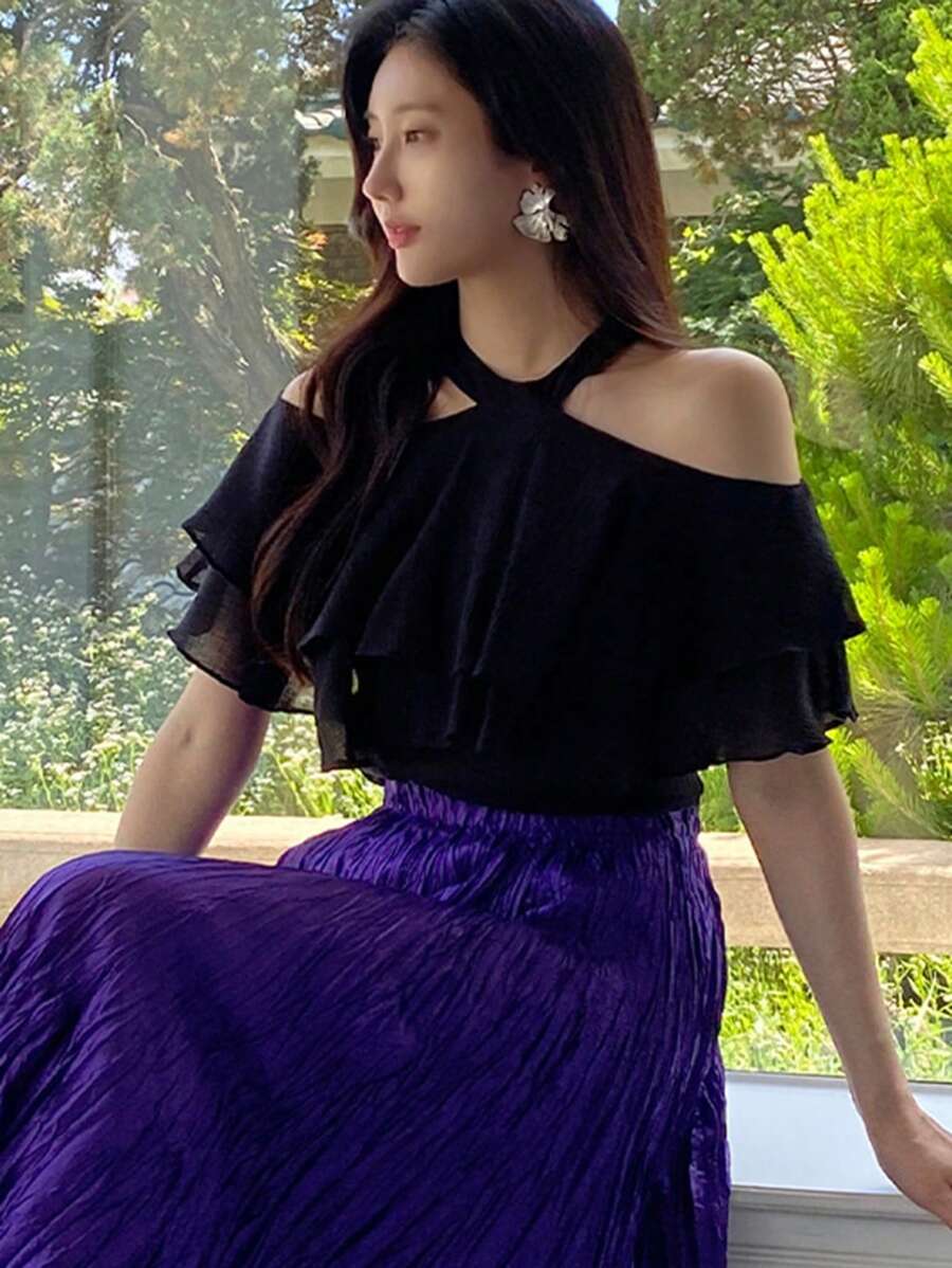 DAZY Blusa de gasa con hombros abiertos, volantes y manga corta de unicolor para mujer, primavera/verano - Negro - Ver 1