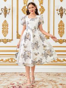 SHEIN 优雅花卉提花泡泡袖中长连衣裙，方形领口，适合少女的度假复古风格 - 白色 - 查看 5