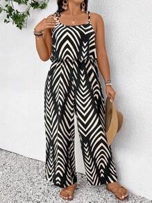 SHEIN Frenchy Plus Size Geometric Pattern Sleeveless Jumpsuit, Boho/Bohemian Casual & Vacation - Black - View 4