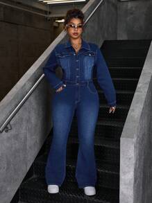 SHEIN ICON Plus Size Front Button Long Sleeve Pockets Fashion Casual Elastic Jumpsuit