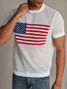 Manfinity Homme 男士休闲简约穿孔细节图案圆领短袖 T 恤 - 白色 - 查看 1