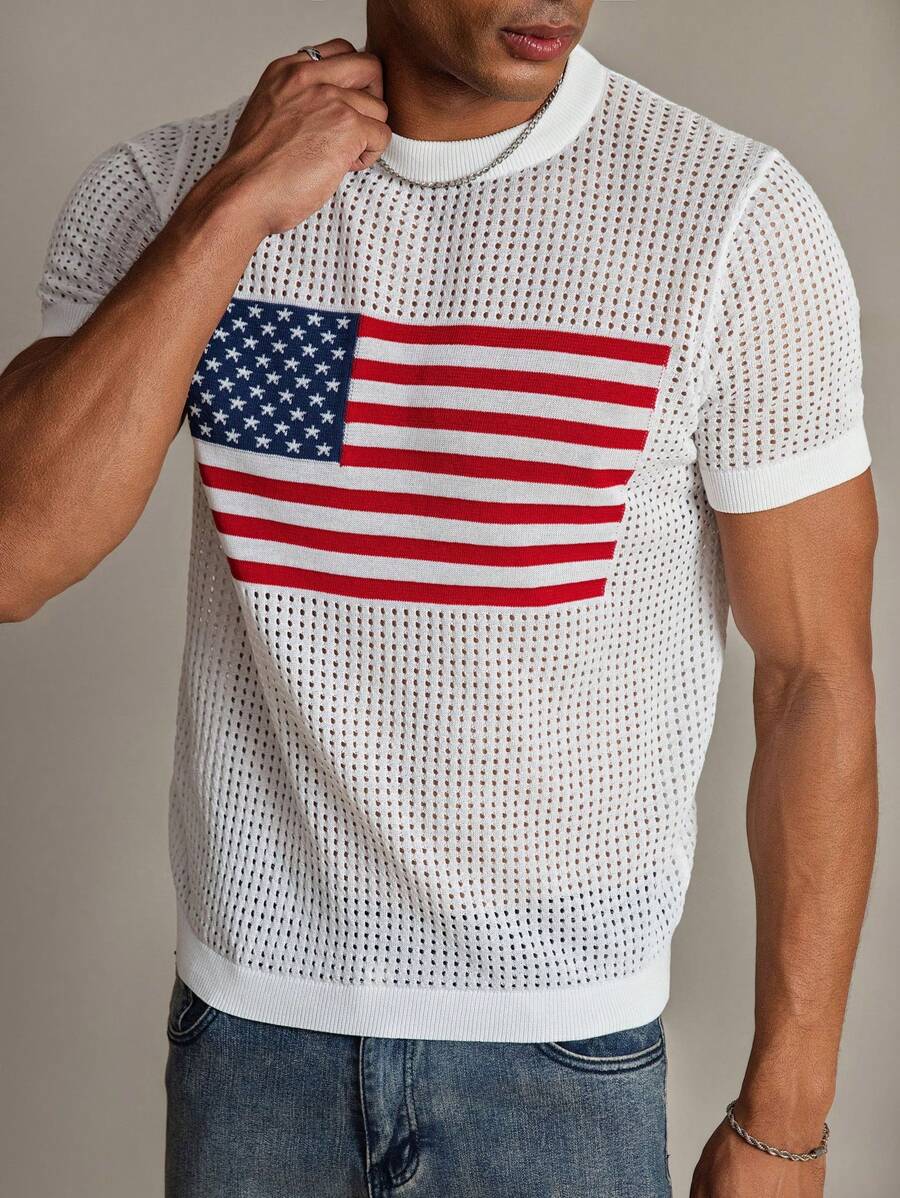 Manfinity Homme 男士休闲简约穿孔细节图案圆领短袖 T 恤 - 白色 - 查看 1