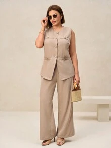 SHEIN Clasi Plus Size Women Spring Elegant Suit Set, Versatile For Daily Office Commute - Khaki - View 1