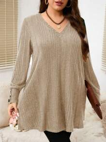 EMERY ROSE Maglietta casual a maniche lunghe con scollo a V in tinta unita e costine, taglia curvy per donna