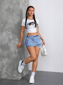 SHEIN EZwear Women Casual Denim A-Line Skirt, Simple Fashion Daily Wear - Blue - View 6