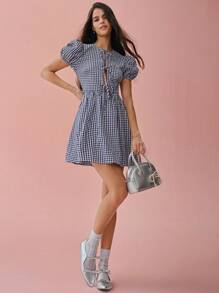 Enchnt Spring/Summer Romantic Women's  Plaid Puff Sleeve Tie Waist Short Dress
,Sweet&Elegant,For Birthday&Sweet Date Night&Garden Parties&Daily Commuting - Pink - View 4