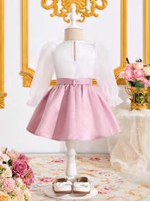 SHEIN Baby Girls Elegant Floral Pattern Top And Mini Skirt 2 Pieces Set, Summer - Pink - View 2