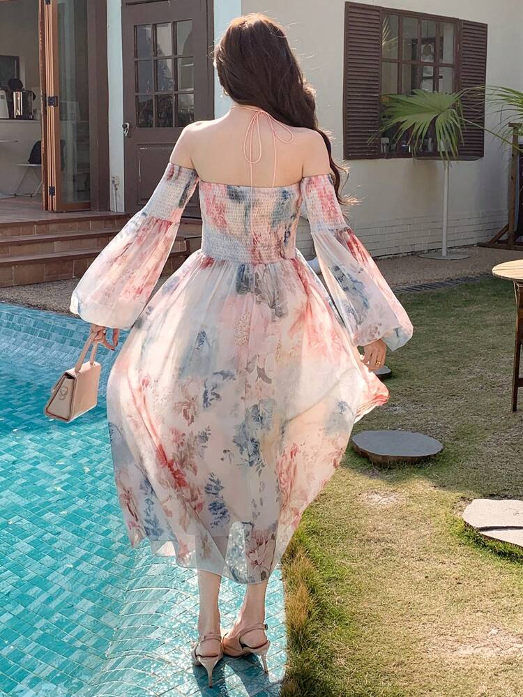 Women's All Over Floral Print Off Shoulder Midi Dress,Ruffle,Fall Dress Long Sleeve Dress Vacation Outfits Women Easter Boho