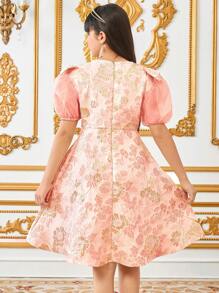 SHEIN Tween Girls 优雅春夏粉色提花缎带蝴蝶结装饰拼布欧根纱荷叶边收腰连衣裙 - 粉色 - 查看 3