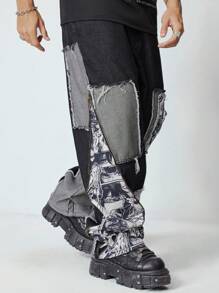 ROMWE MEN Street Life 印花图案男式牛仔裤，不对称剪裁 - 黑色 - 查看 5