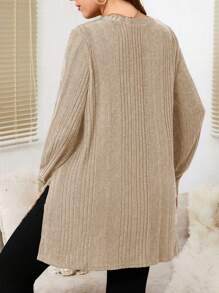 EMERY ROSE Maglietta casual a maniche lunghe con scollo a V in tinta unita e costine, taglia curvy per donna