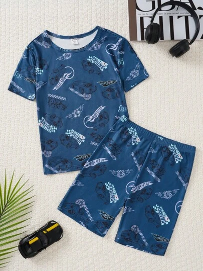 2 件套青少年男孩休闲螺旋赛车图案套头短袖衬衫和短裤套装，舒适贴身睡衣