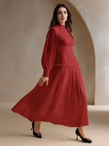 Anewsta Robe longue à taille haute unique avec insert de taille et manches bouffantes en tissu scintillant - Rouge foncé - Voir 4