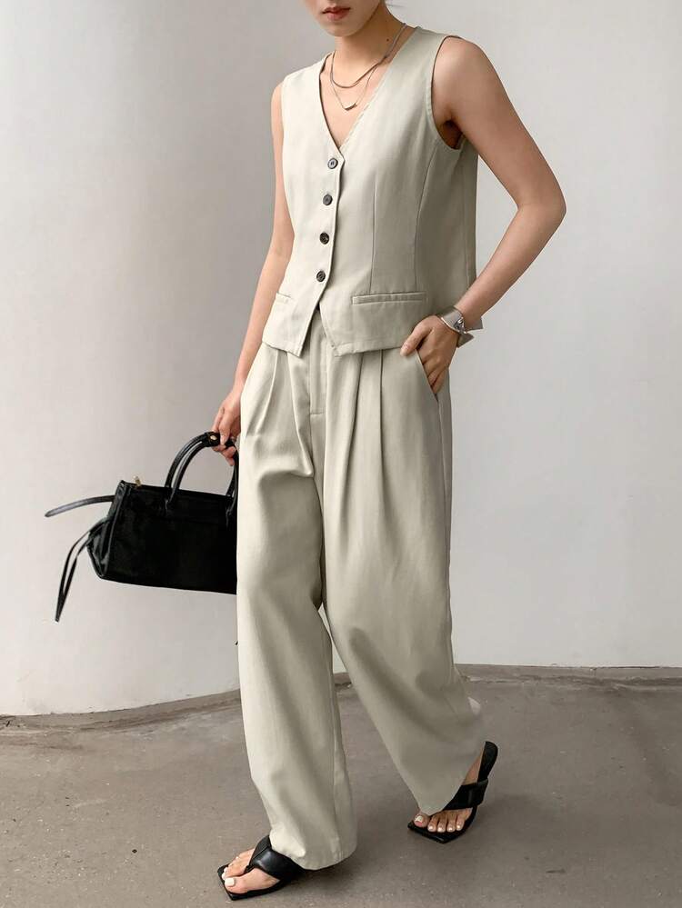 2pcs/Set Women's Business Casual Minimalist Office Commute Waistcoat And Pants Suit Linen
