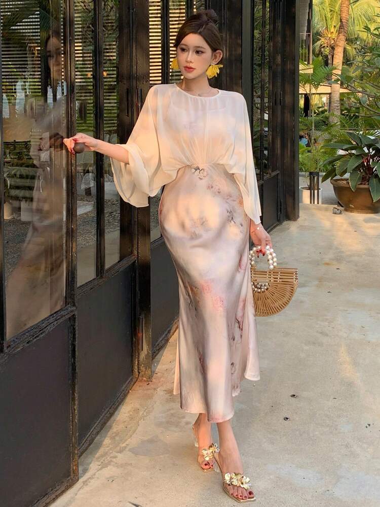 Women's Satin Patchwork Floral Print Midi Dress With Ruched Waist, Suitable For Date Night,Fall Dress Long Sleeve Dress Easter