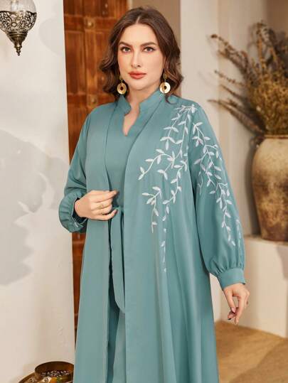 Al Najma Plus Size Women Arabic Embroidery Modest Set , Sleeveless V-Neck Long Dress With Jacket, 2pcs Set