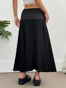 Flirla Black Satin Waist Spliced Textured Fabric Minimalist A-Line Skirt, Elegant & Versatile Slimming Fall Cloth For Women - Black - View 2