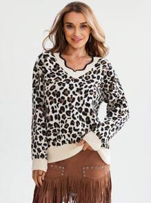 SHEIN LUNE Women's Casual Leopard Jacquard Wavy Hem V-Neck Pullover Sweater