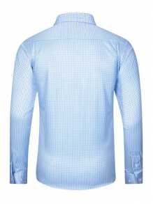 Manfinity Mode 男士前扣长袖格子简约休闲衬衫，日常穿着 - 藍色 - 查看 2