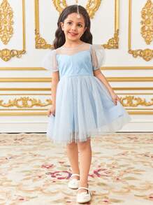 SHEIN Vestido de niña elegante con mangas abombadas de malla con estampado a lunares, diseño de gran lazo calado y empalmes de malla, color azul
