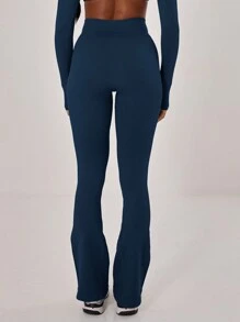 Musera Sport Ribbed Waist Flare Yoga Sports Trousers, Padel, Tennis, Pickleball Gym Fitness - Navy Blue - View 3