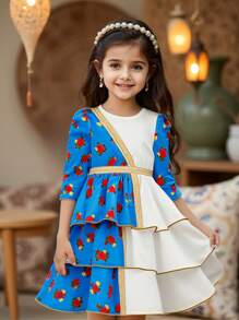 SHEIN Leap Crew Robe de jeune fille DRMZ tressée à motif floral Ditsy, patchwork de couleur unie, avec ornement de toile d'or, encolure ronde ajustée et manches courtes. Convient pour le port quotidien des filles, les festivals, les rassemblements familiaux et les occasions spéciales