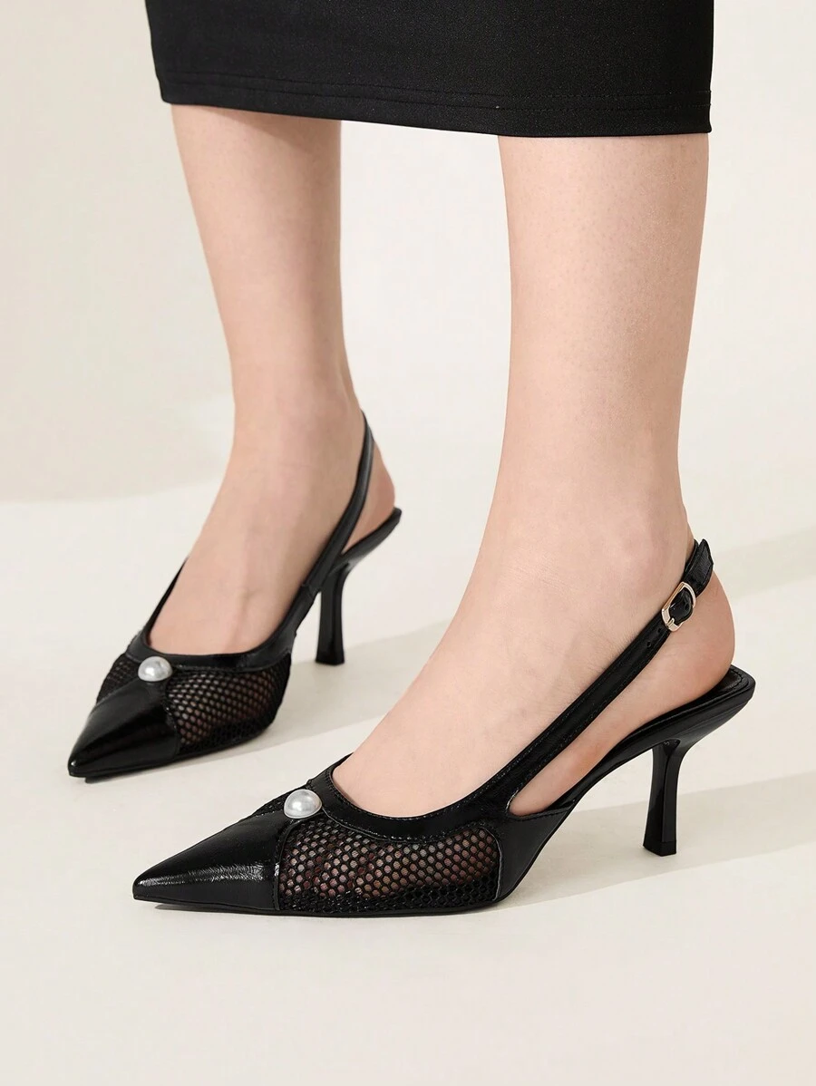 CUCCOO CHICEST Women's Pointed Toe Stiletto High Heel Fashion Black Pearl Mesh Wedding Shoes, Formal Party Pumps - Black - View 1