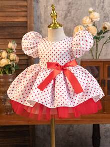 Glamorique Kids Princess Tulle Dress, Valentine's Day Satin Red Heart Print, Baby Girl Puffy Tulle Dress, Party/Festival Gown With Red Ribbon Bow, Cute Everyday Dress, All Season - White - View 3