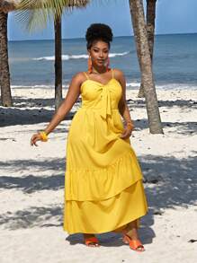 Slaydiva Plus Size Solid Color Spaghetti Strap Pleated Hem Casual Dress - Yellow - View 4