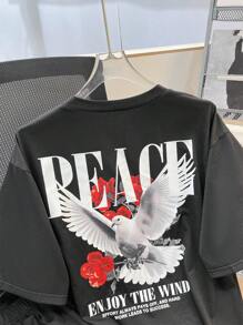 SHEIN 2 pezzi Set stile di strada adolescente vintage, maglietta a maniche corte nera in maglia oversize con stampa grafica di rose rosse e simboli della pace, e pantaloncini abbinati, adatto per l'estate, per uscire in primavera, abbigliamento da ragazzo adolescente, giacche primaverili per il ritorno a scuola