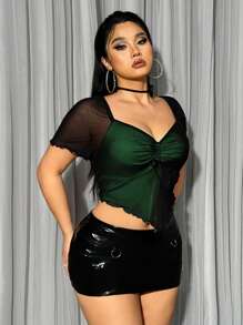 SHEIN ICON Plus Size Pleated Bust Knot Front Lettuce Trim Mesh Summer Top - Dark Green - View 4