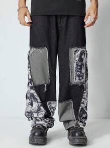 ROMWE MEN Street Life 印花图案男式牛仔裤，不对称剪裁 - 黑色 - 查看 6