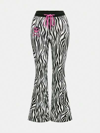 Y2K Street Fashion Zebra Print Skull Pattern Drawstring Waist Bodycon Flare Pants
