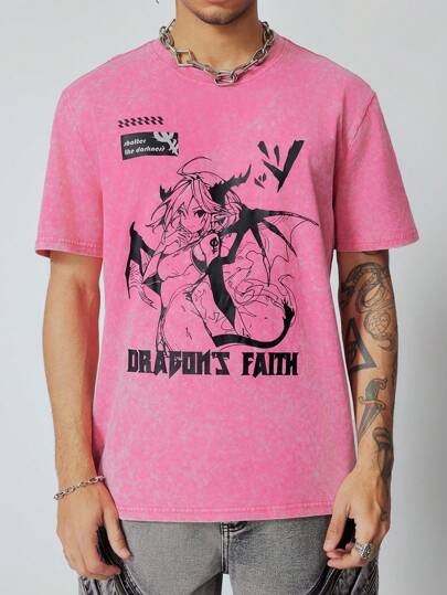 Men's Anime Vintage Acid-Washed T-Shirt, Summer