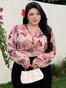 Dazy Plus Blouse en mousseline de soie à manches lanternes avec imprimé floral, grande taille, pour vacances. Top à manches longues pour le printemps/été - Rose bonbon - Voir 6