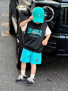 SHEIN 3pcs Young Boy Casual Korean Style Letter Graphic Print Hoodie Vest, Patch Decor Shorts, Solid Crew Neck Short Sleeve T-Shirt Knit 3-Piece Set, Suitable For School, Garden, Beach, Birthday, Spring, Summer, Autumn, Winter