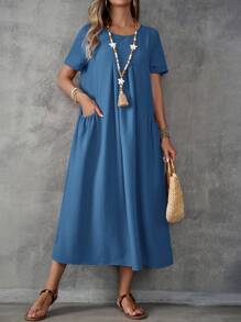 EMERY ROSE Vestido largo y sencillo de mujer con cuello redondo, manga corta y bolsillo en un solo color - Azul - Ver 4