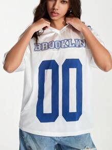 TRNVIE Camiseta de manga corta holgada con estampado numérico de Brooklyn y entredós de malla - Blanco - Ver 4